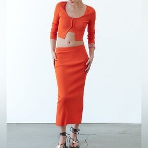 Zara Orange Ribbed Knit Skirt, crop top, sweater set | never worn (skirt NWT)